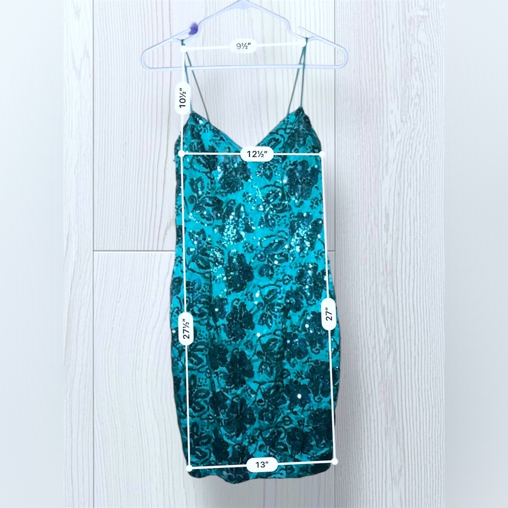 ZUM ZUM Women’s Two Tone Turquoise Sequin Floral Formal Mini Dress - Picture 9 of 11